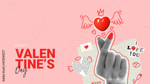 Retro banner for Valentine's day. Vector illustration with halftone hand shows heart sign. Vintage collage with cut out symbols of Valentine's day. Hand gesture with halftone effect.