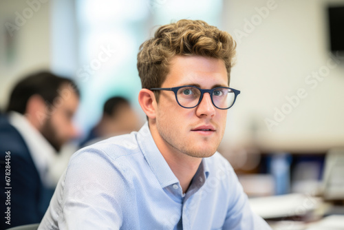Man wearing glasses sitting at table. Suitable for business, office, or study concepts