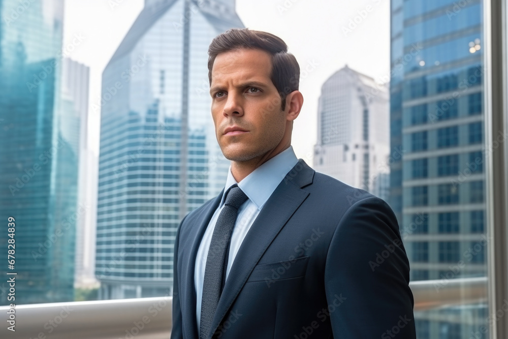 Man wearing suit and tie standing in front of window. Perfect for business or office-related concepts Man wearing suit and tie standing in front of window. Perfect for business or office-related concepts