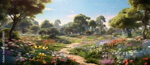 In a beautiful garden filled with vibrant flowers and lush green grass a variety of colorful leaves adorned the plants as the bees hummed among the blooming flora The soothing blue and gree