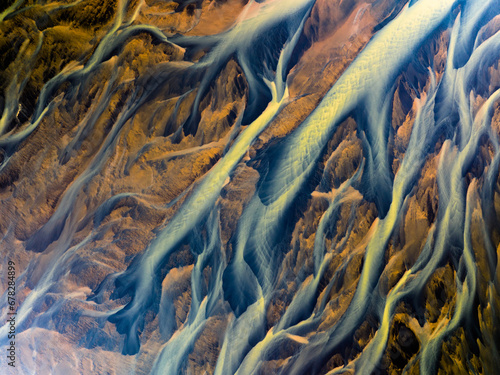 Aerial photo of a glacial river in Iceland