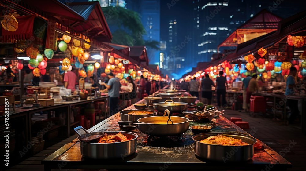 Nighttime street food market.