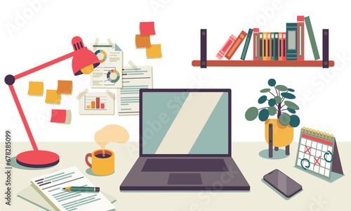 home office workspace white wall, blank screen laptop computer on table with lamp, calendar, and plant on desk, vector flat illustration and separated items