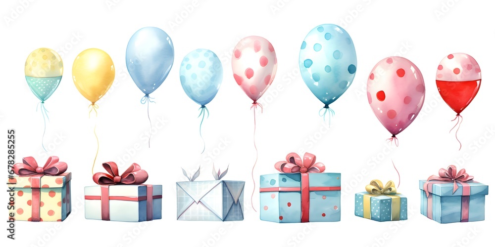 Set of balloon cake party hats and gift boxes watercolor flat vector illustration on white background