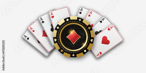 Realistic playing chip with the suit of diamonds, gambling tokens. Fans of playing cards ace of all suits. The concept of playing poker or casino. Vector illustration on a white bg.