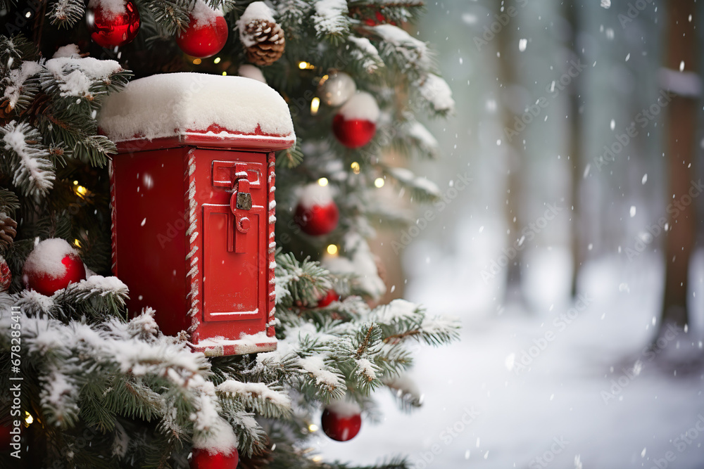 Red Post Box in Snow at Christmas. Mail Santa - obrazy, fototapety, plakaty 