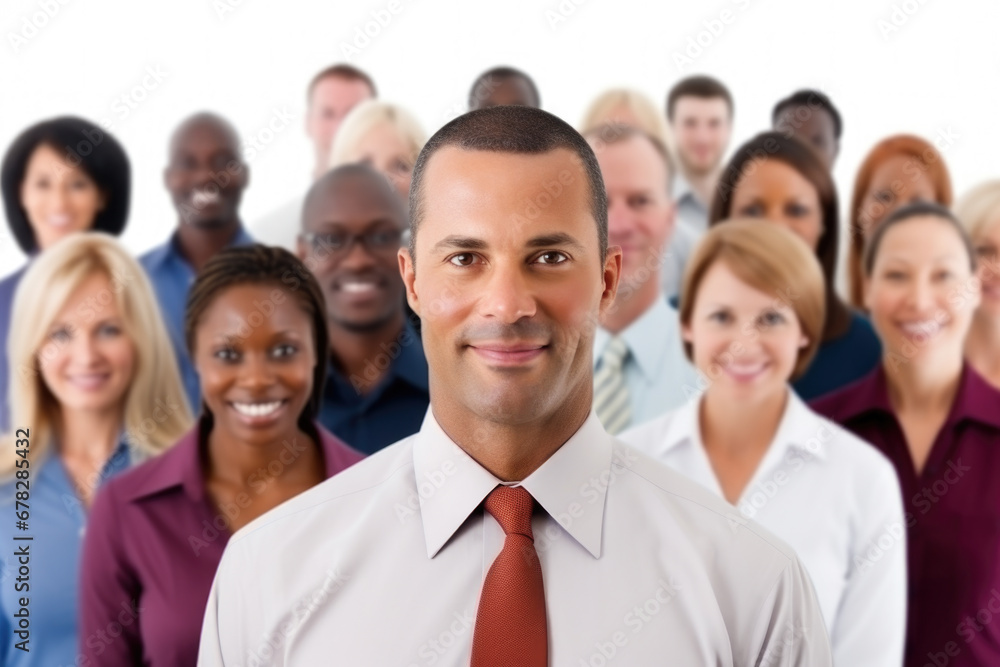 Man confidently stands in front of group of people. This image can be used to depict leadership, public speaking, team management, or group dynamics Man confidently stands in front of group of people. This image can be used to depict leadership, public speaking, team management, or group dynamics