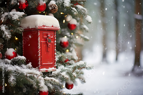 Fényképezés Red Post Box in Snow at Christmas. Mail Santa
