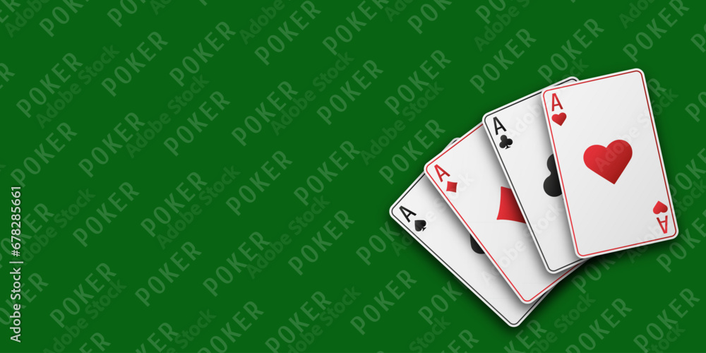Poker concept. Hand fan of playing cards consisting of four white Ace of Spades, Diamonds, Clubs, Hearts. Vector illustration on a green table. Poker concept. Hand fan of playing cards consisting of four white Ace of Spades, Diamonds, Clubs, Hearts. Vector illustration on a green table.