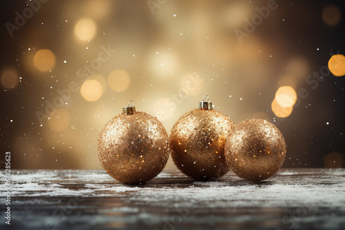 Three Sparkling Gold Christmas Ornaments Adorning a Festive Table photo