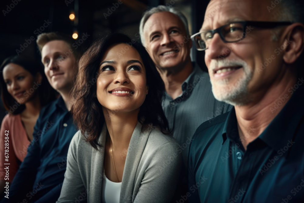 Picture of group of people sitting next to each other. This image can be used to represent teamwork, collaboration, or socializing in various settings Picture of group of people sitting next to each other. This image can be used to represent teamwork, collaboration, or socializing in various settings