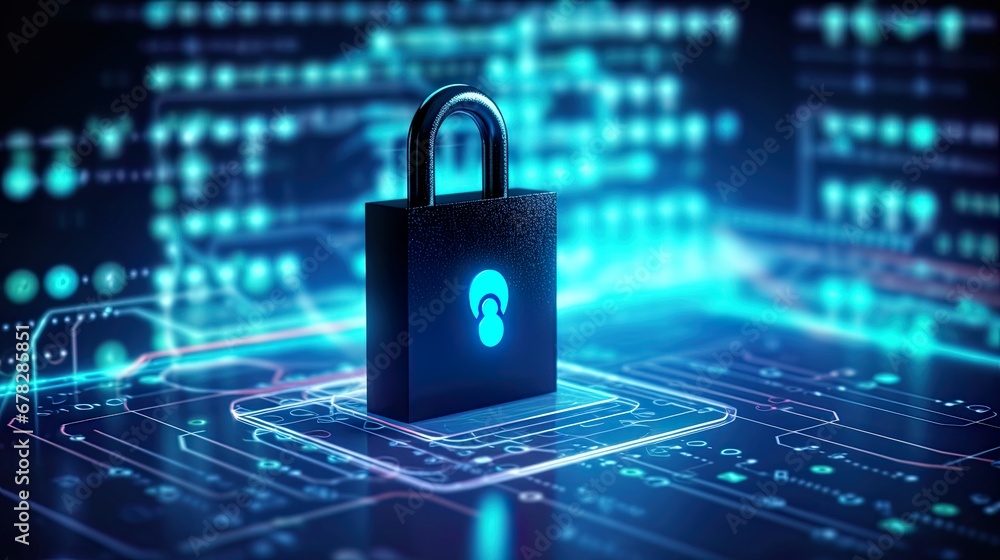 Lock positioned against a luminous backdrop of blue and green glowing data. Concept of essence of cybersecurity, symbol of safeguarding personal information. Digital safety awareness. Lock positioned against a luminous backdrop of blue and green glowing data. Concept of essence of cybersecurity, symbol of safeguarding personal information. Digital safety awareness.