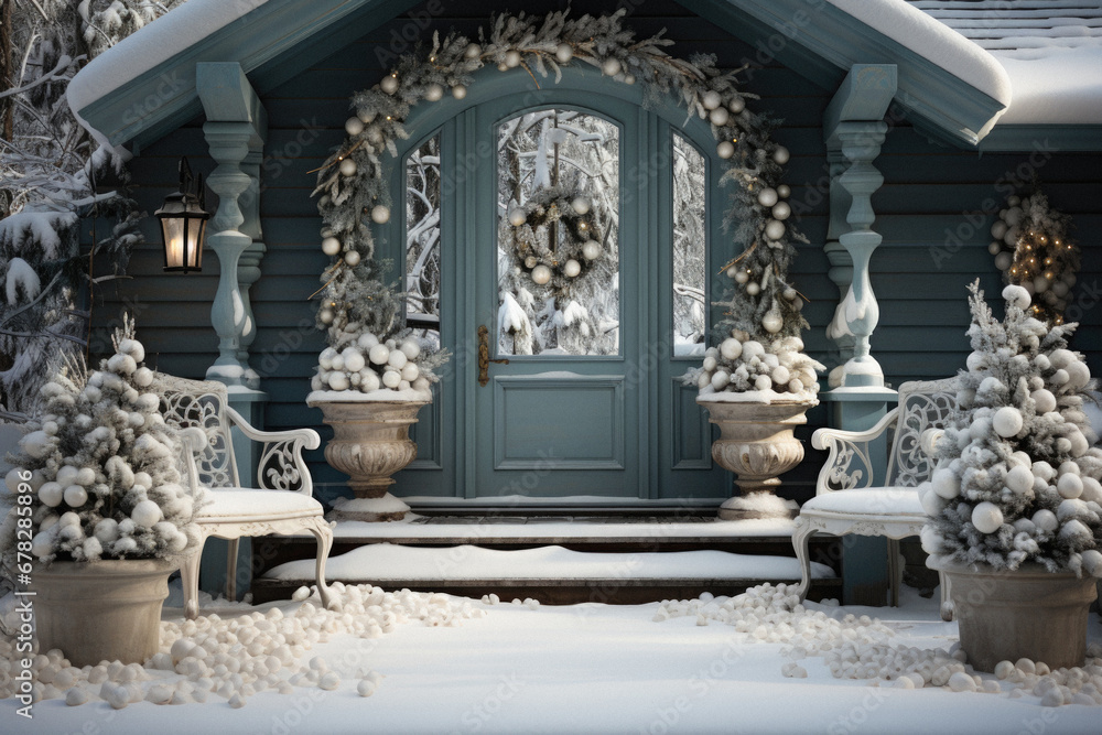 Snow-covered porch of a house in winter with snowflakes. Snow-covered porch of a house in winter with snowflakes.