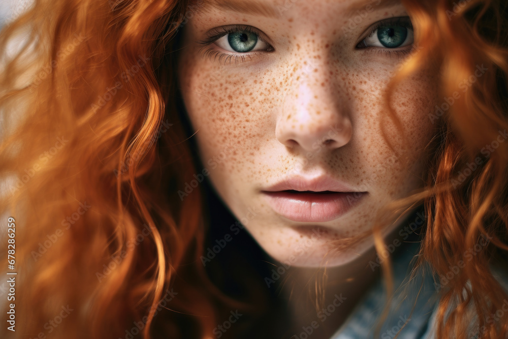 Close up of woman with freckles on her face. This image can be used to promote natural beauty or skincare products Close up of woman with freckles on her face. This image can be used to promote natural beauty or skincare products