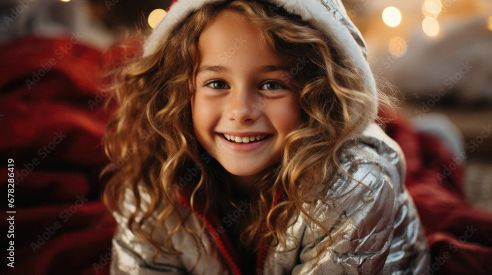Portrait of a cute little girl with curly hair in winter clothes. Portrait of a cute little girl with curly hair in winter clothes.