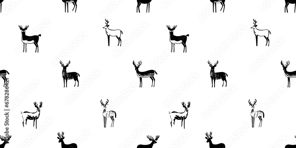 Hand drawn christmas deer seamless pattern illustration. Black and white reindeer doodle background for festive xmas celebration event. Holiday animal texture print, december decoration wallpaper.