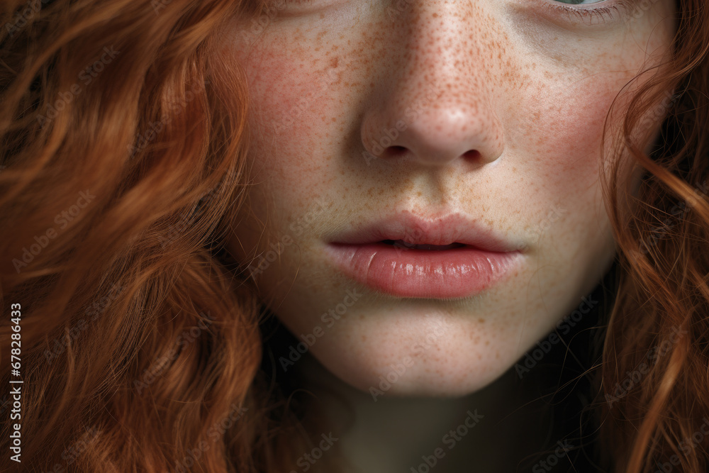 Close-up view of woman with freckles on her face. This image can be used for beauty, skincare, or natural beauty concepts Close-up view of woman with freckles on her face. This image can be used for beauty, skincare, or natural beauty concepts