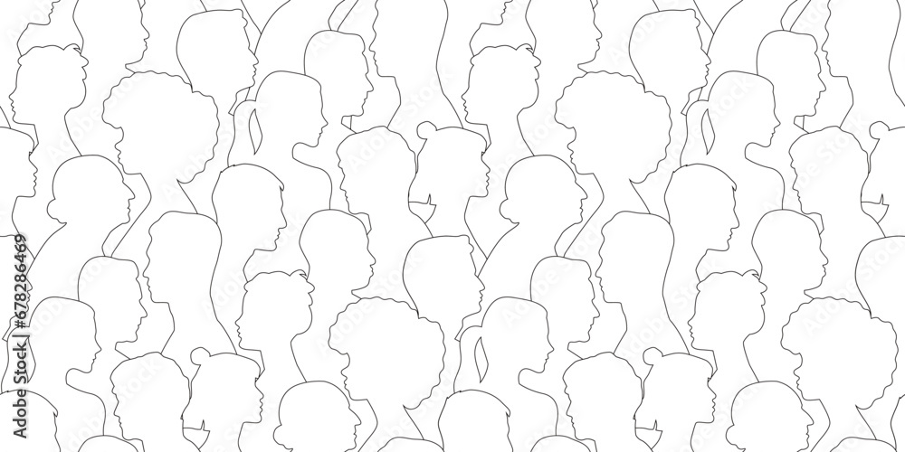 Diverse people crowd silhouette abstract art seamless pattern. Multi-ethnic community, cultural diversity group background drawing illustration in black and white. - obrazy, fototapety, plakaty 