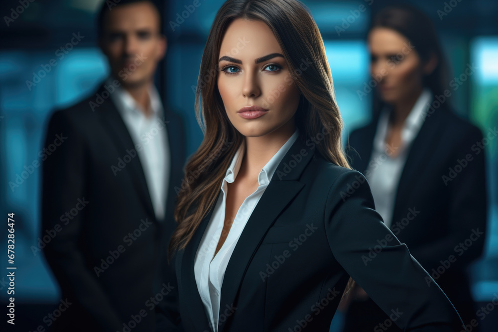 Professional woman wearing business suit posing for picture. Perfect for corporate and professional concepts Professional woman wearing business suit posing for picture. Perfect for corporate and professional concepts