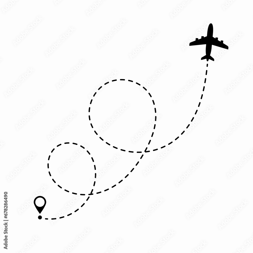 Travel concept. Dotted path airplane. Aircraft tracking. Airplane route plane path. Vector illustration on a isolated white background. Travel concept. Dotted path airplane. Aircraft tracking. Airplane route plane path. Vector illustration on a isolated white background.