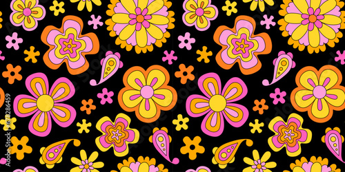 Vintage flower seamless pattern illustration. Retro psychedelic floral background art design. Groovy colorful spring texture  hippie seventies nature backdrop print with repeating daisy flowers.