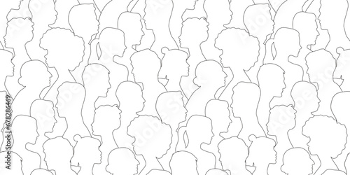 Diverse people crowd silhouette abstract art seamless pattern. Multi-ethnic community, cultural diversity group background drawing illustration in black and white.