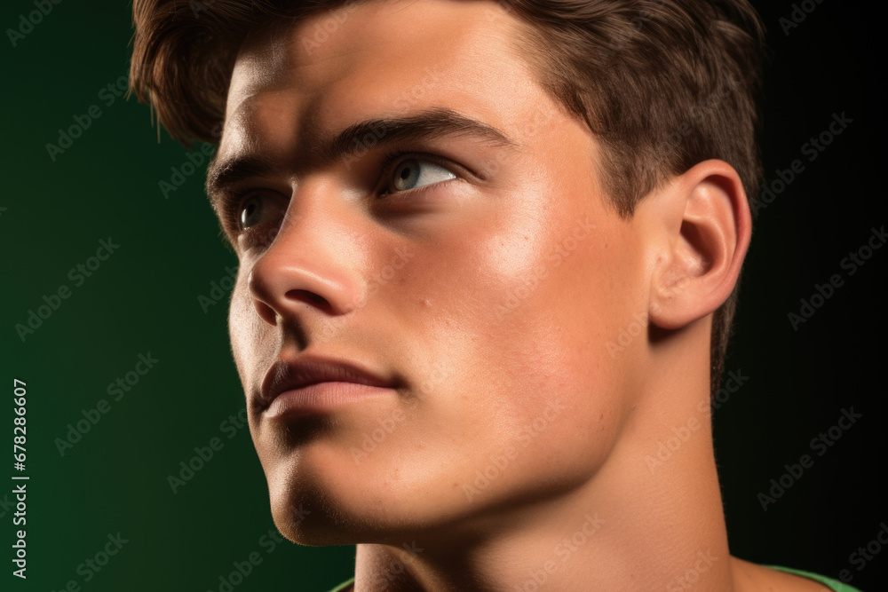 Obraz premium Close up photograph of young man wearing green shirt. This image can be used in various contexts