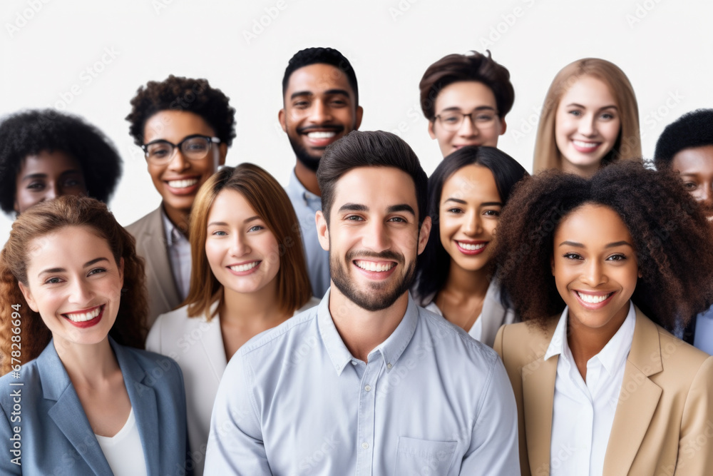 Group of people standing together in front of white background. This image can be used for various purposes and projects Group of people standing together in front of white background. This image can be used for various purposes and projects
