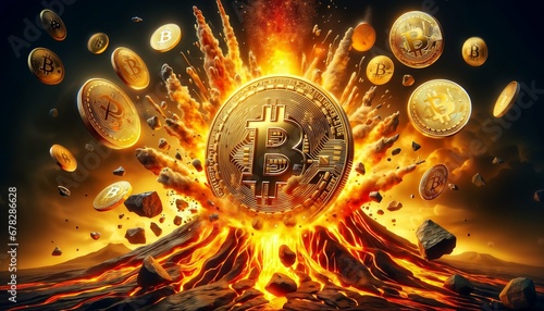 Bitcoin price exploding with coins scattered around from volcano photo