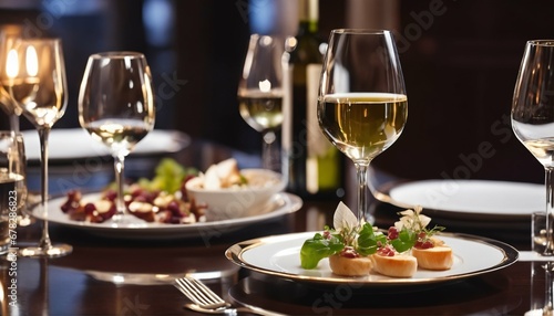 Soft light and romantic atmosphere at an elegant restaurant table with wine glass and appetizers for wedding dinner service