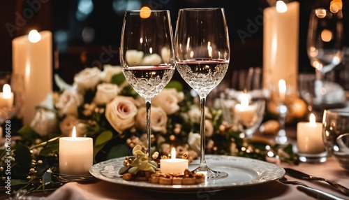 Wedding dinner service featuring an elegant and select restaurant table with wine glass, appetizers, and candles in a soft light and romantic atmosphere