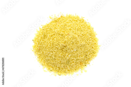 Chicken broth powder isolated on white background, top view. Aromatic seasoning of chicken broth with vegetables isolated on white background, top view. Powder chicken, top view.