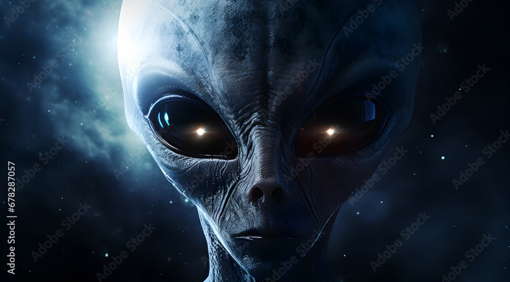 Close-up of an alien with large, dark eyes and blue skin against a starry space backdrop.