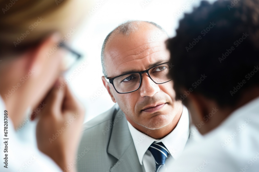 Man in suit and tie is engaged in conversation with woman. This image can be used to depict professional business meeting or networking event Man in suit and tie is engaged in conversation with woman. This image can be used to depict professional business meeting or networking event