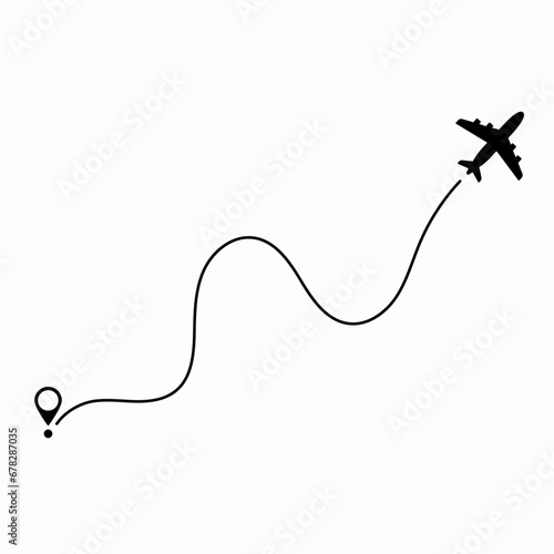 Airplane route plane path. Travel concept. Aircraft tracking. Vector illustration on a isolated white background.