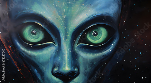 Illustration of a mystical alien being with large eyes set against a cosmic backdrop.