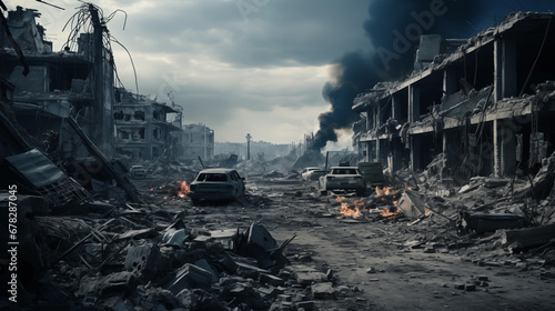 Post-Apocalyptic Urban Ruins. War-Torn City Destruction. Devastated Cityscape. Abandoned and Burnt Vehicles on Rubble