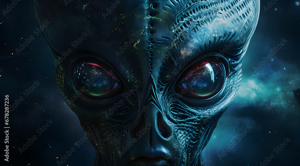 Close-up of an alien with large, dark eyes and blue skin against a starry space backdrop. Close-up of an alien with large, dark eyes and blue skin against a starry space backdrop.