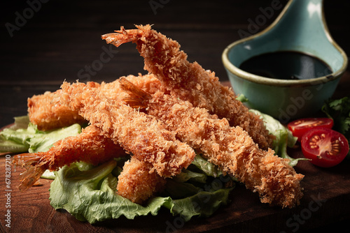 Fried shrimp, peeled in tempura, soy sauce, close-up,