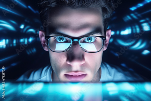 Man wearing glasses is focused on computer screen in front of him. This image can be used to represent technology, work, or online communication