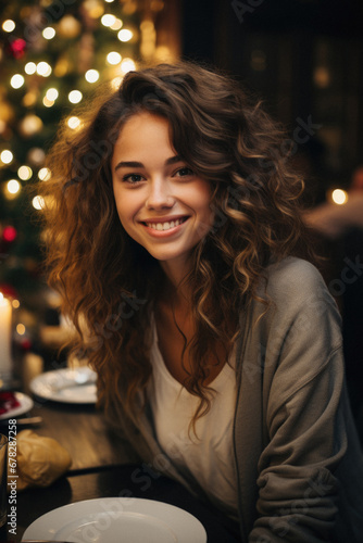 Portrait of a smiling young woman sitting in a cafe with a Christmas tree in the background.