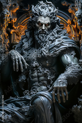 Hades God of the Underworld. Generated Image. A digital rendering of a bronze statue of Hades Greek mythology’s god of the Underworld. 