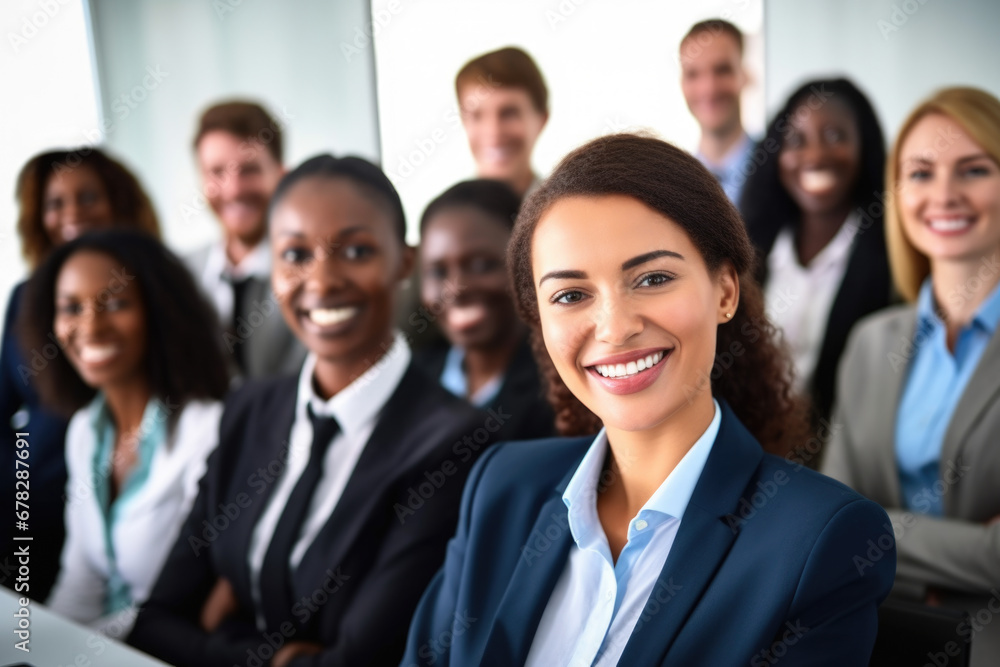 Group of business people standing together in front of computer. This image can be used to represent teamwork, collaboration, or meeting in professional setting Group of business people standing together in front of computer. This image can be used to represent teamwork, collaboration, or meeting in professional setting
