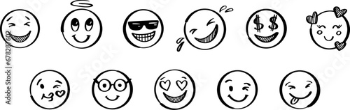 Doodle positive emoji set. Hand drawn sketch vector illustration. Pack of different expressions emoticons.