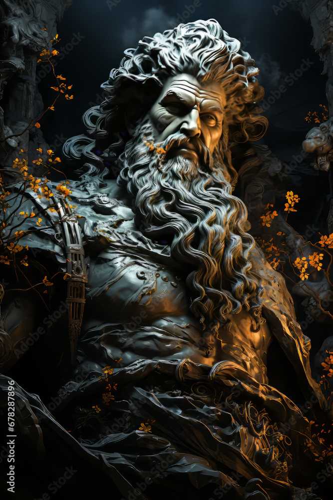 Hades God of the Underworld.  Generated Image.  A digital rendering of a bronze statue of Hades Greek mythology’s god of the Underworld.