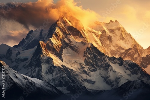 Mountain range at amazing sunset. Poster  wall art design. Ai Generative