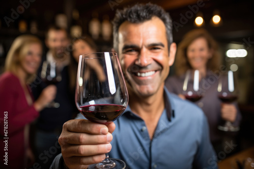 Man is seen holding glass of wine in front of group of people. Social gatherings, celebrations, or events where people come together to enjoy drinks and good company