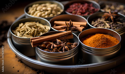 Aromatic Ensemble: Overhead View of Indian Chai Spices in Metal Tins