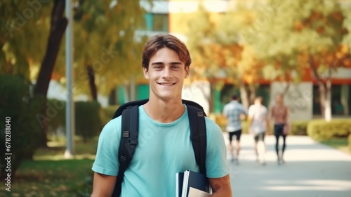 Handsome student man with backpack and books outdoor. Smile boy happy carrying a lot of book in college campus. Portrait male on international University. Education, study, school