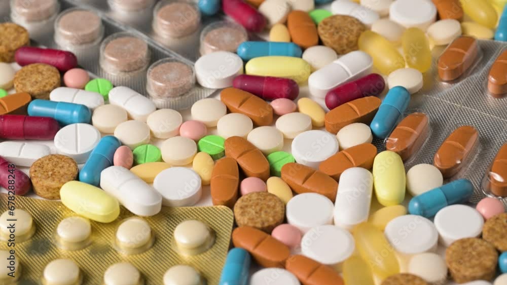 Multi colored pills and capsules. Slowly rotation Multi colored pills and capsules. Slowly rotation